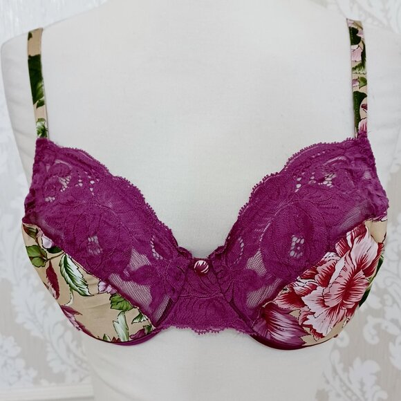 Vintage Victoria's Secret Gold Label Plum Purple Floral Bra Size 36B - Picture 1 of 4